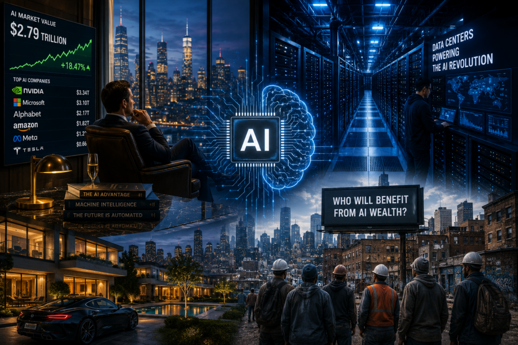 AI chips, data centres, wealthy investors and workers represent the debate over who benefits from artificial intelligence wealth.