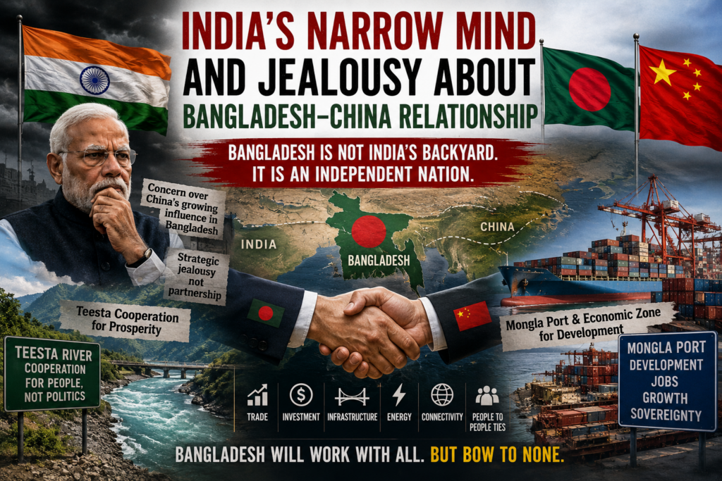angladesh, India and China flags over a regional map show Dhaka’s balancing act between sovereignty, trade and diplomacy.