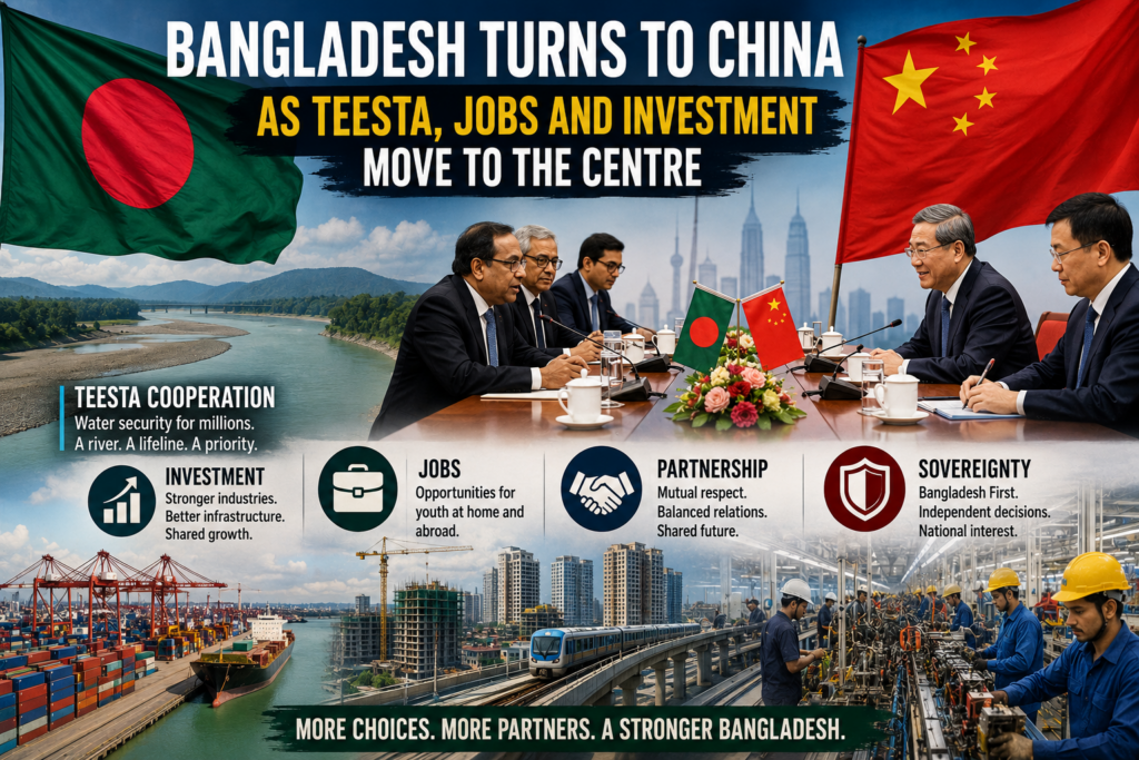 Bangladesh and China flags with river, infrastructure and factory symbols represent Teesta cooperation, investment and jobs.