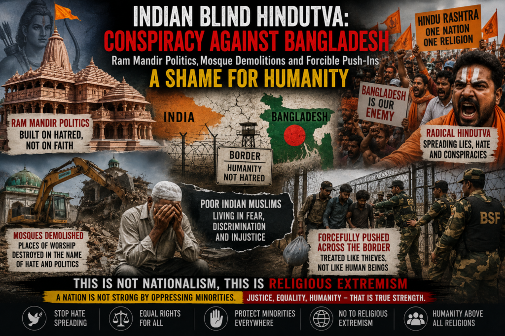 A political illustration showing India and Bangladesh, border fences, mosque demolition symbols and propaganda imagery represents Hindu nationalist politics, anti-Muslim discrimination and regional tension.