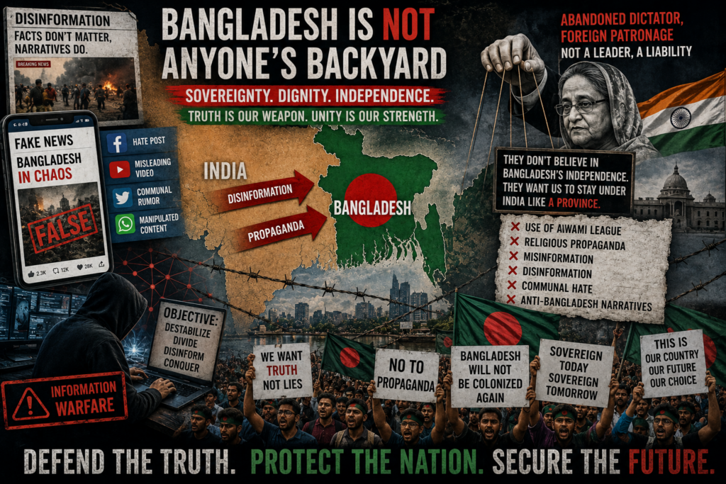 A political illustration of Bangladesh facing fake news, propaganda and foreign interference represents the fight against disinformation and attacks on sovereignty.