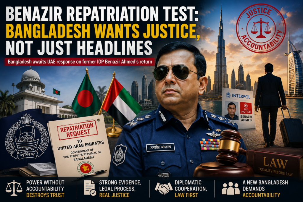 Bangladesh and UAE justice symbols represent the repatriation case of former IGP Benazir Ahmed.