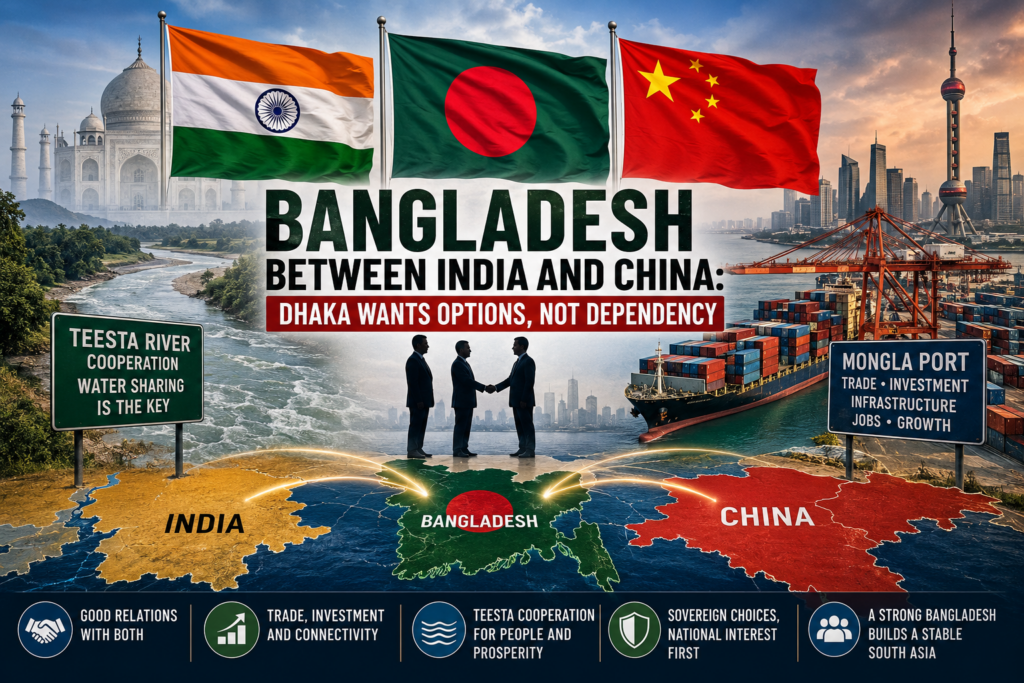 Bangladesh, India and China flags over a regional map represent Dhaka’s foreign-policy balancing act.