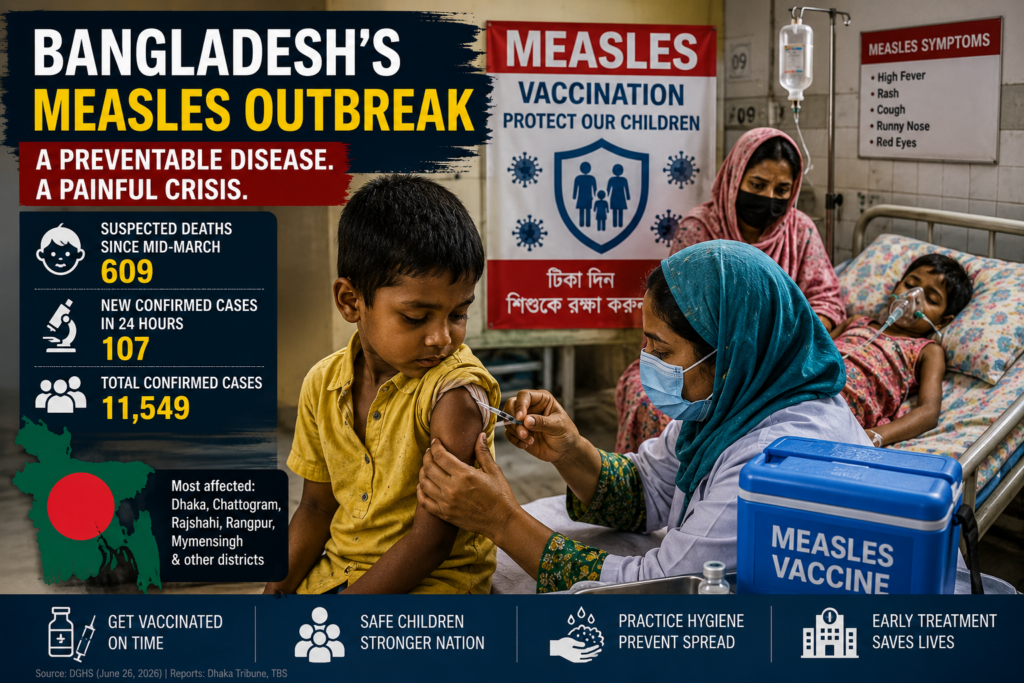 child vaccination centre in Bangladesh represents the urgent fight against the measles outbreak and preventable child deaths.