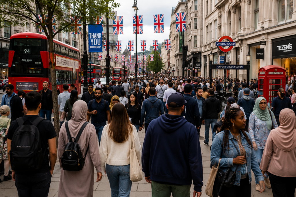 A multicultural London street represents the changing relationship between Western culture, immigration and identity.