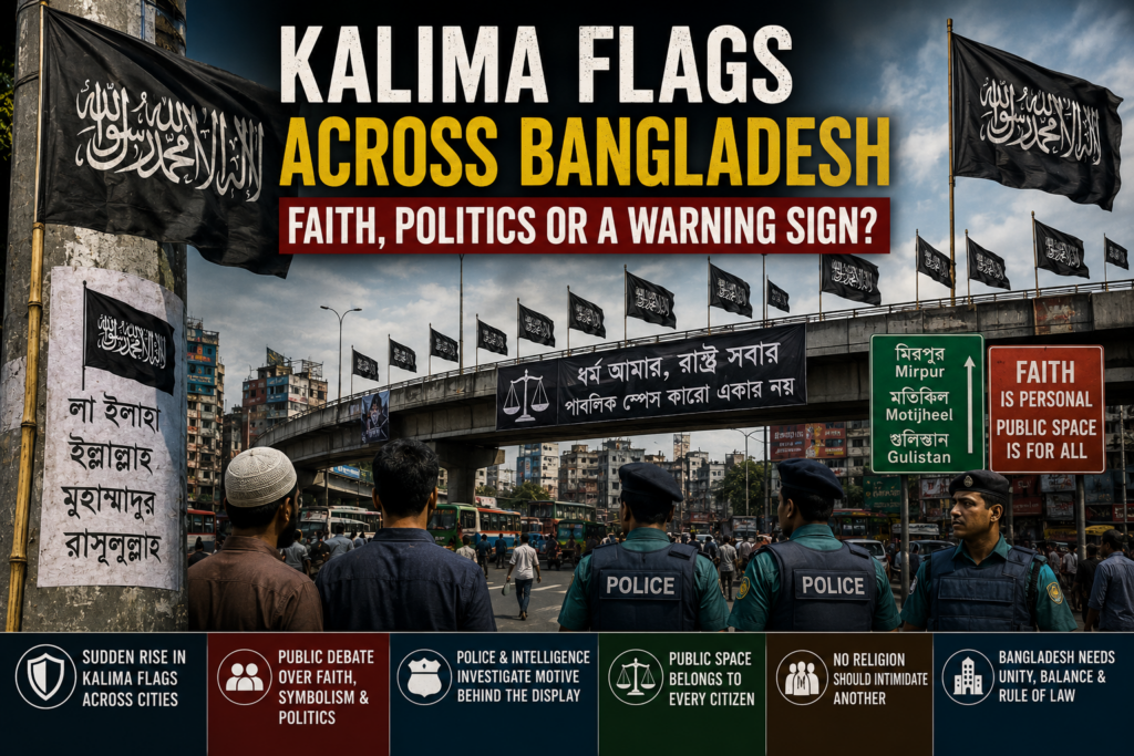 Kalima flags displayed in Bangladesh streets represent the debate over faith, politics and public security.
