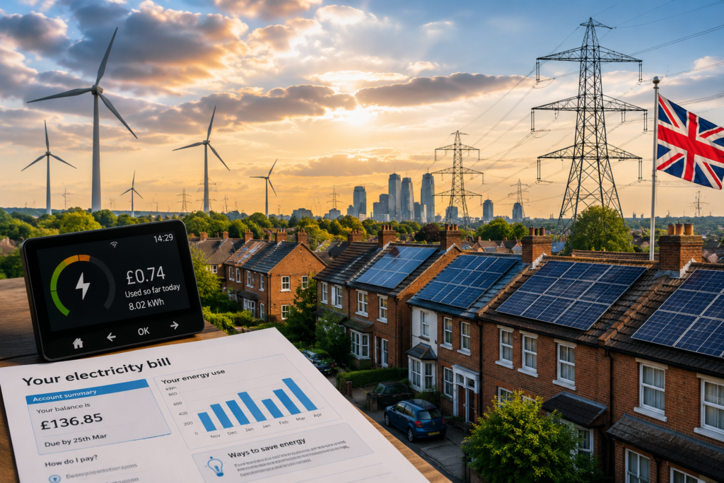 UK homes and clean energy infrastructure show the debate over electricity bills and the net zero transition