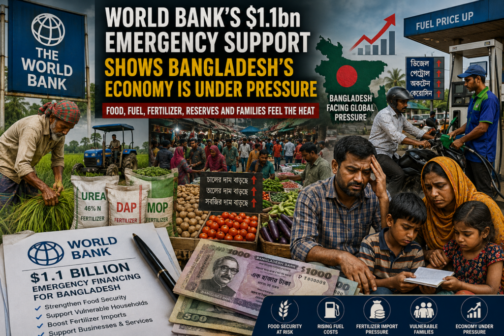 Bangladesh farmers, food markets and financial documents represent World Bank support during economic pressure.