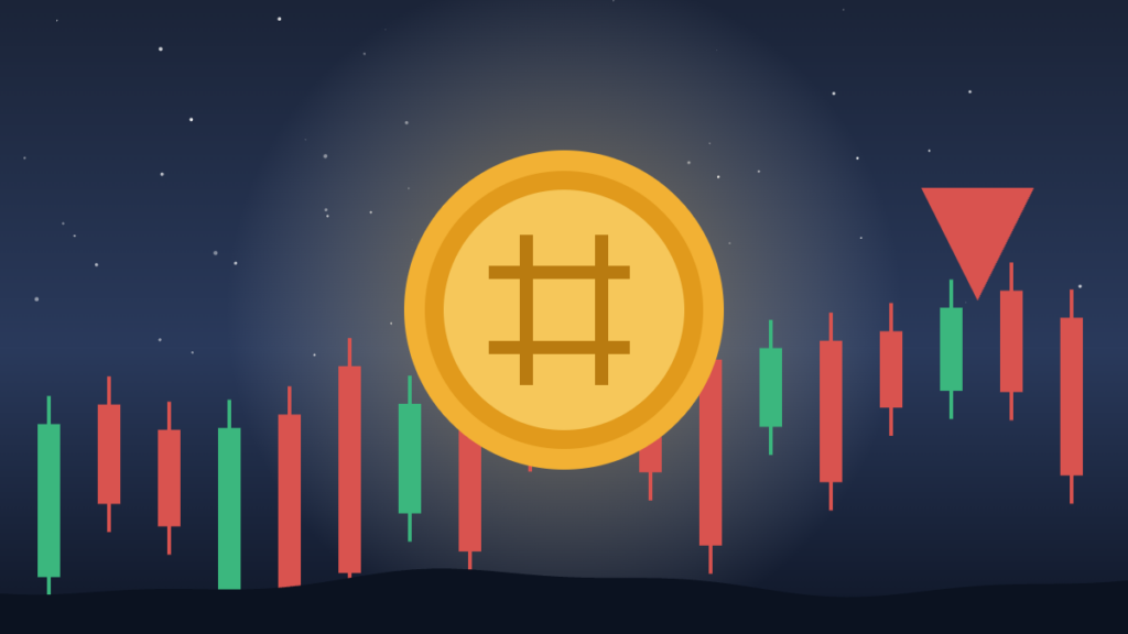 Illustration of a gold coin with falling candlestick bars