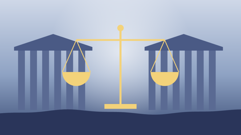 Illustration of scales of justice before a courthouse