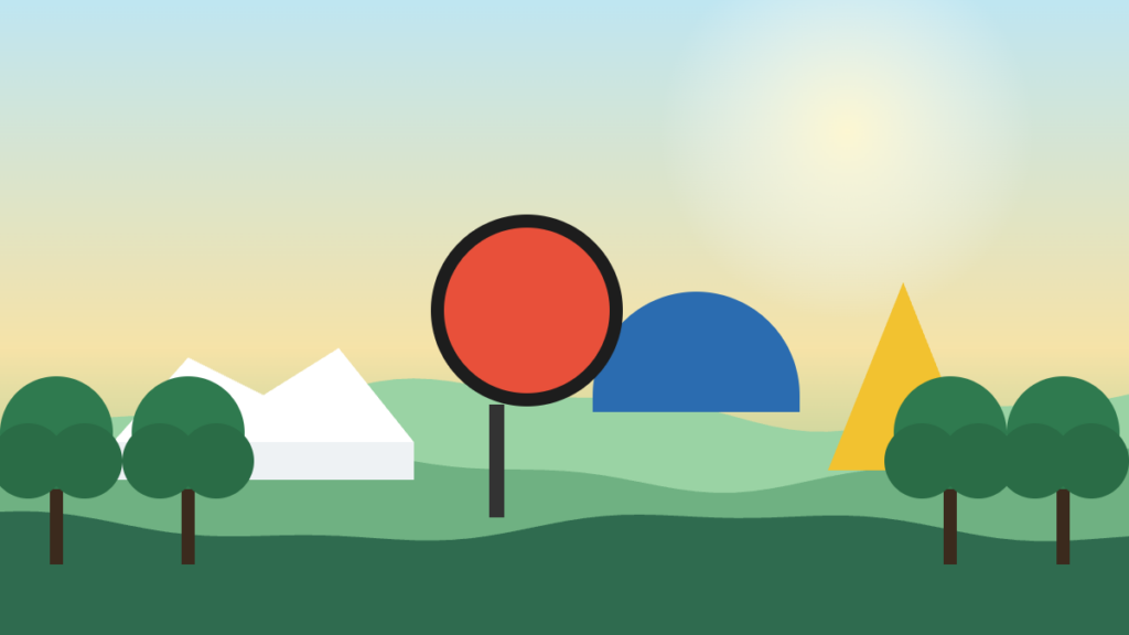 Illustration of sculptures and a white tent in a park