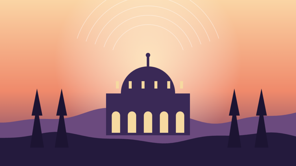 Illustration of a domed hospital building at dusk