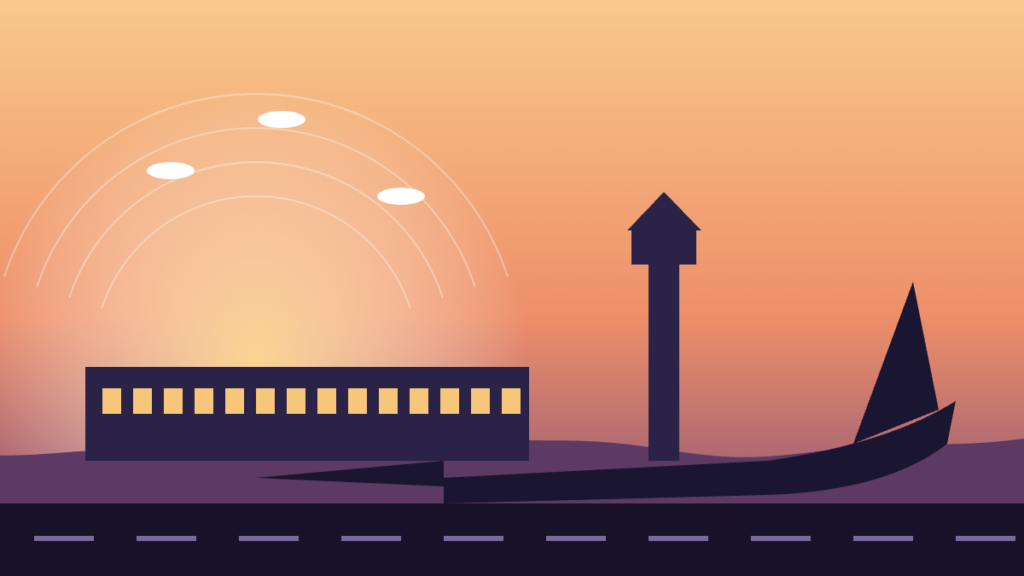Illustration of an airport terminal and aircraft tail at dusk