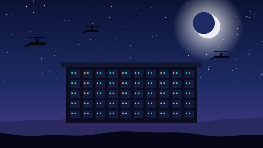 Illustration of a data centre at night with drones